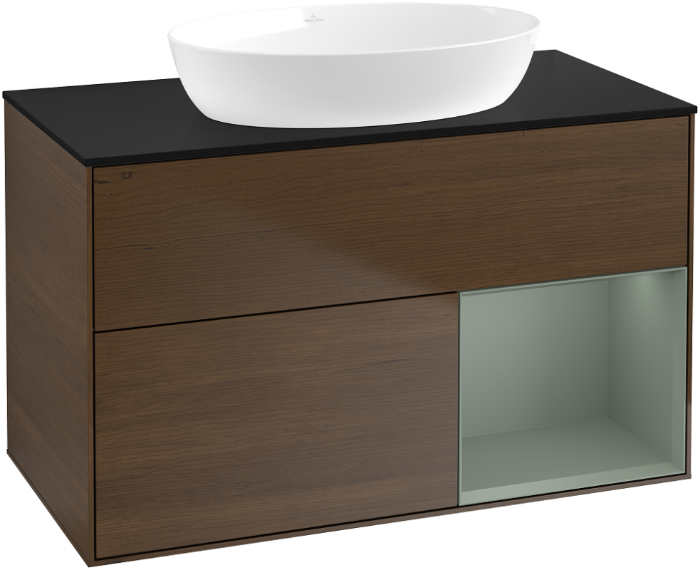 Тумба под раковину Villeroy & Boch Finion 100х50,1 см с подсветкой МДФ шпон грецкого ореха/стекло черное матовое GA22GMGN