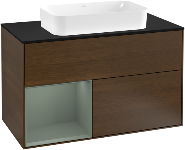 Тумба під раковину Villeroy & Boch Finion 100х50,1 см з підсвічуванням МДФ шпон волоського горіха/скло чорне матове F242GMGN