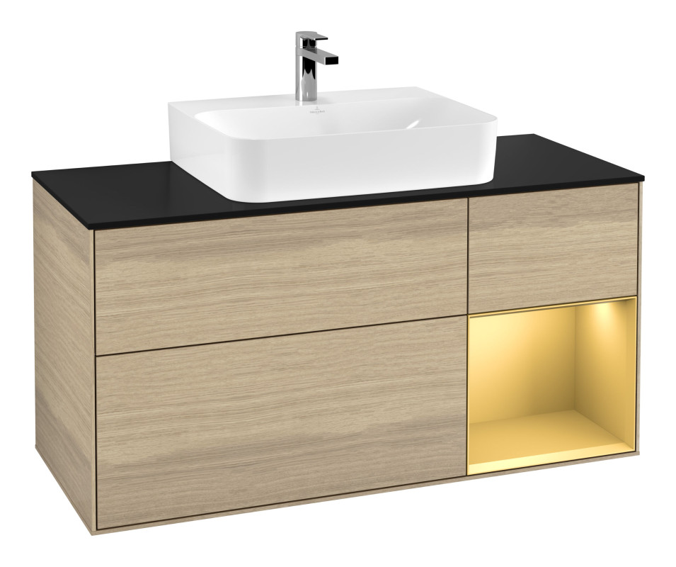 Тумба під раковину Villeroy & Boch Finion 120х50,1 см із підсвічуванням МДФ шпон дуба/скло чорне матове F172HFPC