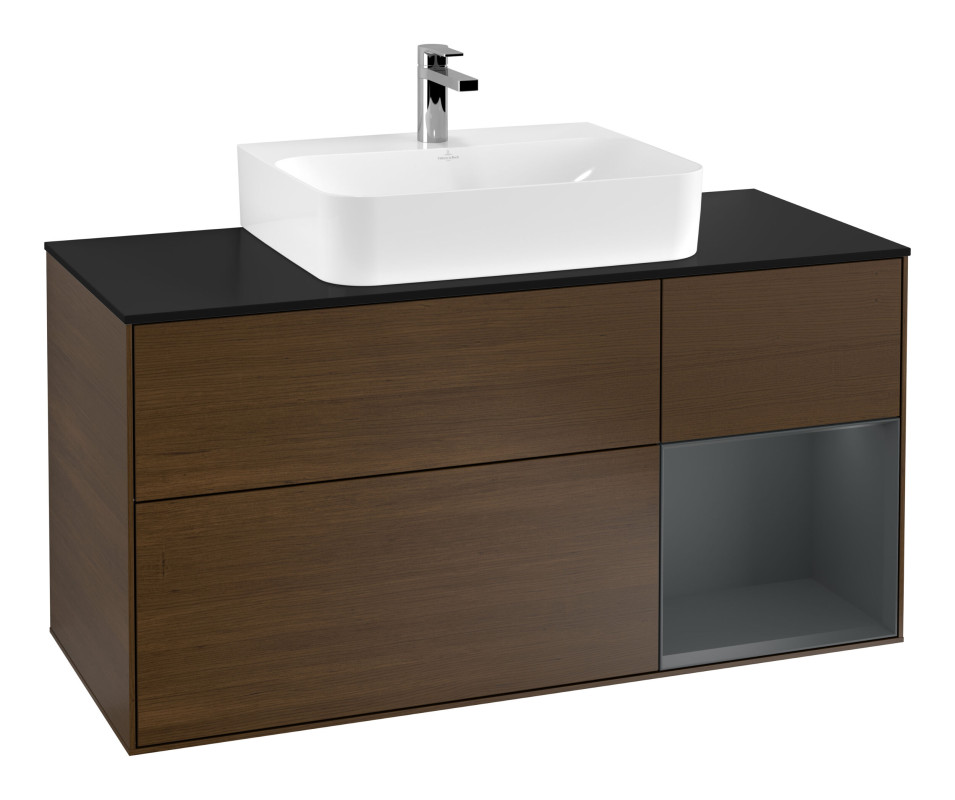 Тумба під раковину Villeroy & Boch Finion 120х50,1 см із підсвічуванням МДФ шпон волоського горіха/скло чорне матове F172HGGN