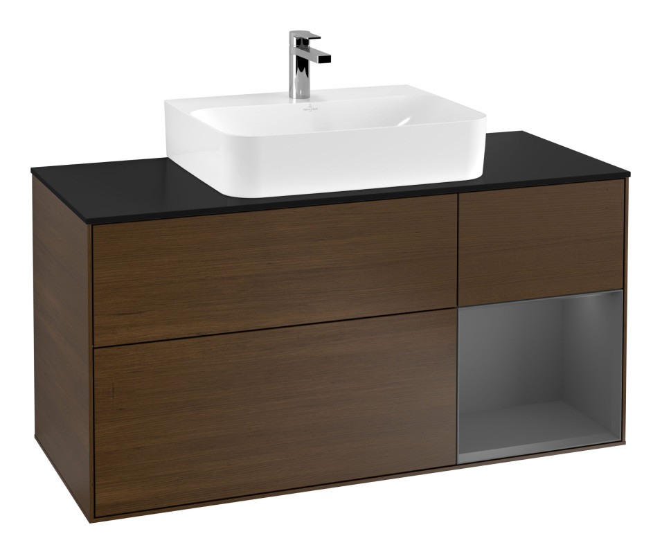 Тумба під раковину Villeroy & Boch Finion 120х50,1 см із підсвічуванням МДФ шпон волоського горіха/скло чорне матове G172GKGN