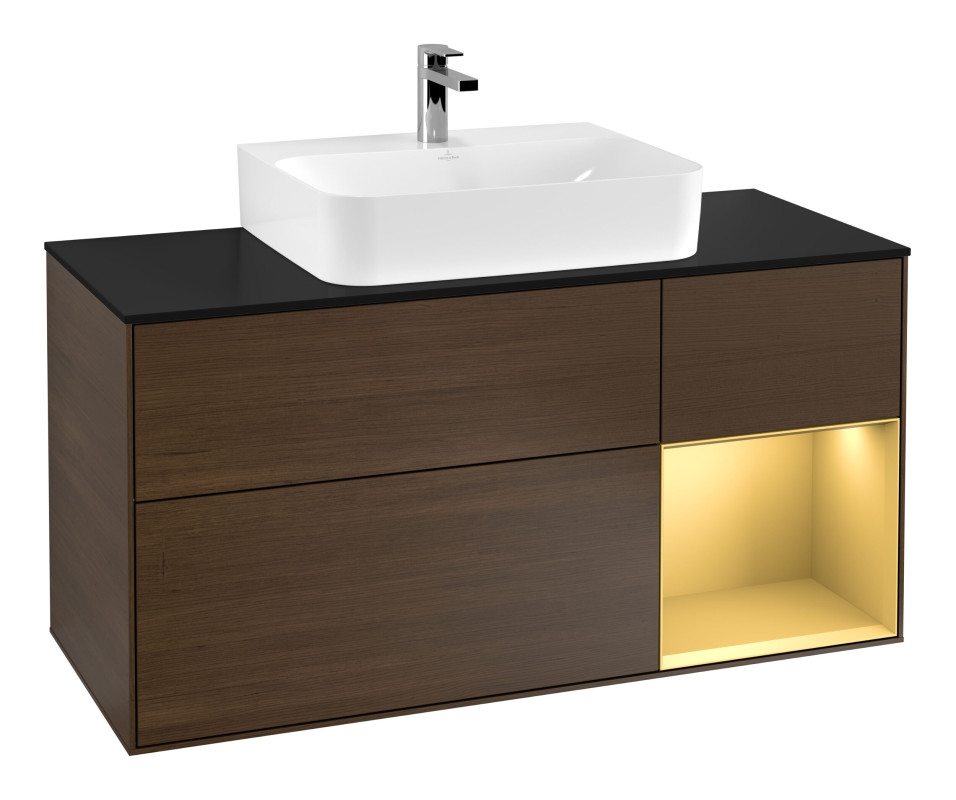 Тумба под раковину Villeroy & Boch Finion 120х50,1 см с подсветкой МДФ шпон грецкого ореха/стекло черное матовое G172HFGN