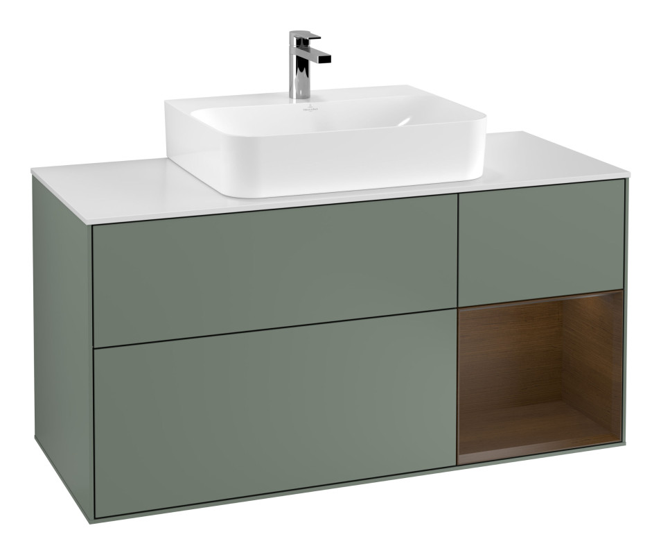 Тумба під раковину Villeroy & Boch Finion 120х50,1 см із підсвічуванням МДФ оливковий матовий лак/скло біле матове G171GNGM