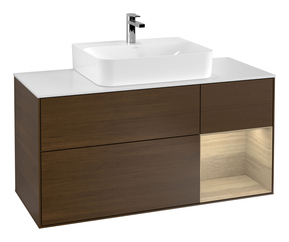 Тумба під раковину Villeroy & Boch Finion 120х50,1 см із підсвічуванням МДФ шпон волоського горіха/скло біле матове G171PCGN