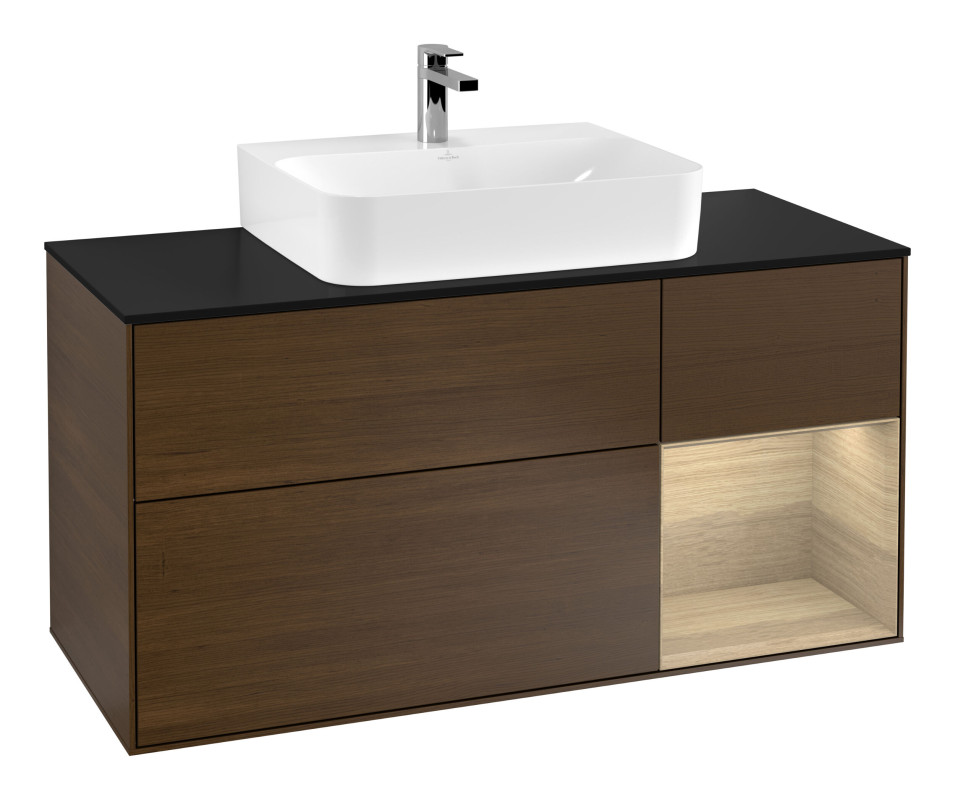 Тумба під раковину Villeroy & Boch Finion 120х50,1 см із підсвічуванням МДФ шпон волоського горіха/скло чорне матове G172PCGN