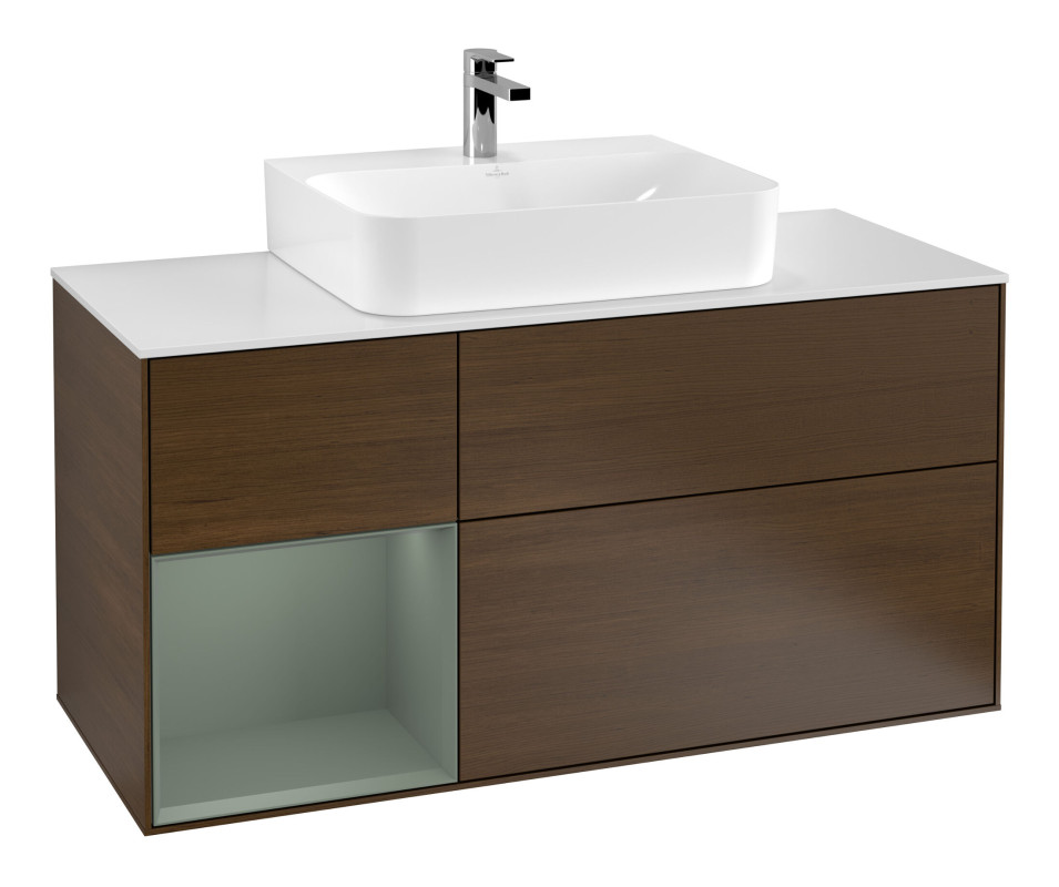 Тумба під раковину Villeroy & Boch Finion 120х50,1 см із підсвічуванням МДФ шпон волоського горіха/скло біле матове F161GMGN