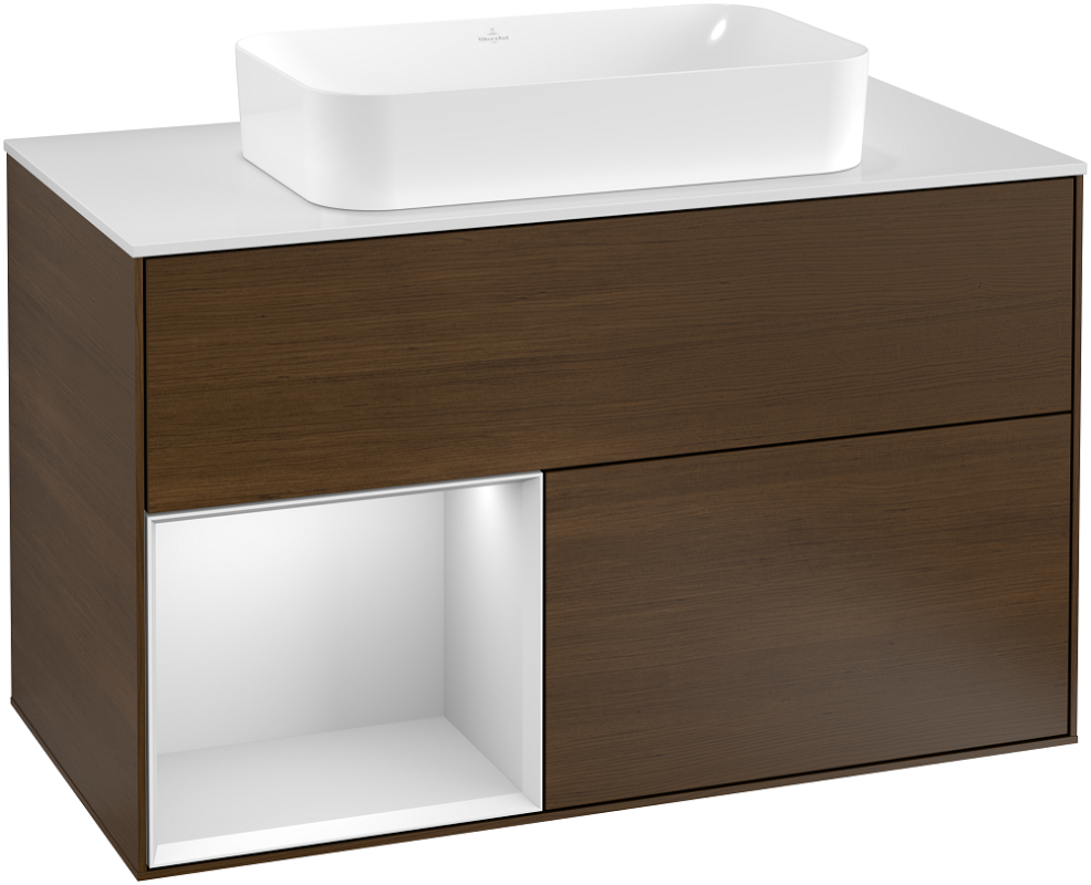 Тумба под раковину Villeroy & Boch Finion 100х50,1 см с подсветкой МДФ шпон грецкого ореха/стекло белое матовое G241MTGN