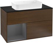 Тумба під раковину Villeroy & Boch Finion 100х50,1 см з підсвічуванням МДФ шпон волоського горіха/скло чорне матове G242GKGN