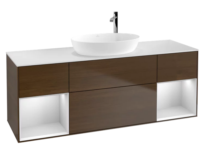 Тумба под раковину Villeroy & Boch Finion 160х50,1 см с подсветкой МДФ шпон грецкого ореха/стекло белое матовое G981MTGN