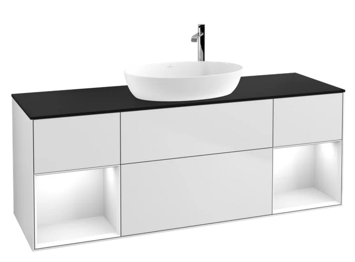 Тумба под раковину Villeroy & Boch Finion 160х50,1 см с подсветкой МДФ белый матовый лак/стекло черное матовое G982GFMT