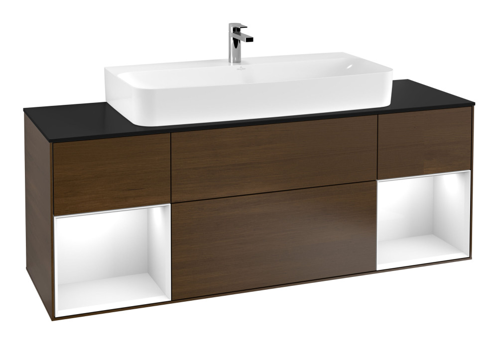 Тумба под раковину Villeroy & Boch Finion 160х50,1 см с подсветкой МДФ шпон грецкого ореха/стекло черное матовое F212GFGN