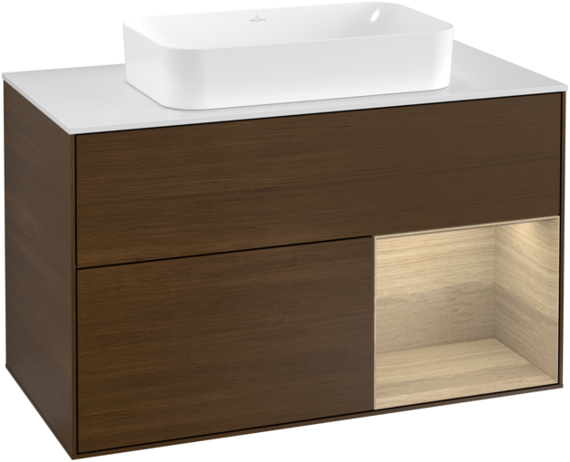 Тумба под раковину Villeroy & Boch Finion 100х50,1 см с подсветкой МДФ шпон грецкого ореха/стекло белое матовое F251PCGN