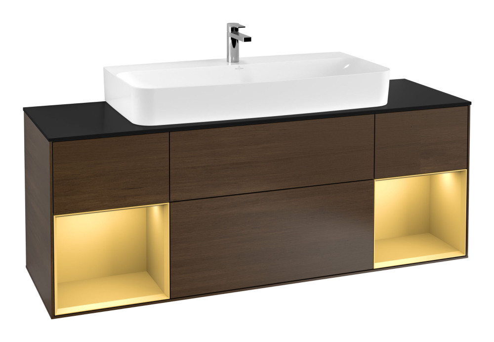 Тумба під раковину Villeroy & Boch Finion 160х50,1 см із підсвічуванням МДФ шпон волоського горіха/скло чорне матове F212HFGN