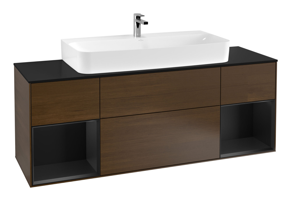 Тумба под раковину Villeroy & Boch Finion 160х50,1 см с подсветкой МДФ шпон грецкого ореха/стекло черное матовое F212PDGN