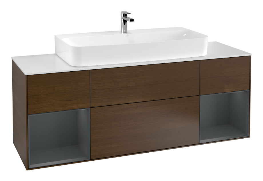 Тумба під раковину Villeroy & Boch Finion 160х50,1 см із підсвічуванням МДФ шпон волоського горіха/скло біле матове F211HGGN