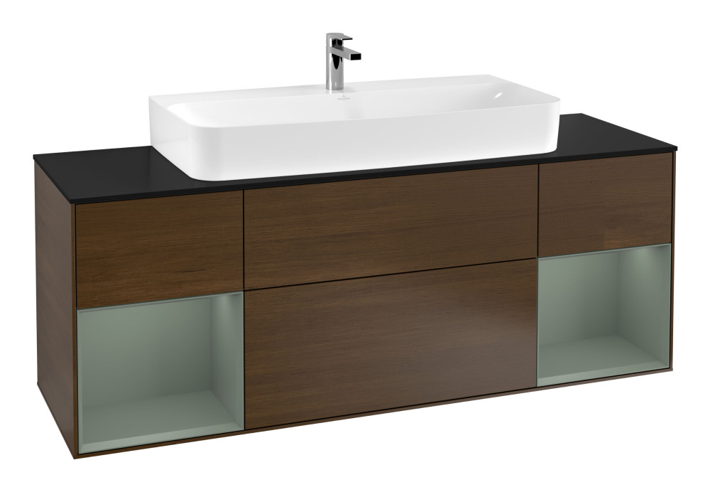 Тумба под раковину Villeroy & Boch Finion 160х50,1 см с подсветкой МДФ шпон грецкого ореха/стекло черное матовое F212GMGN