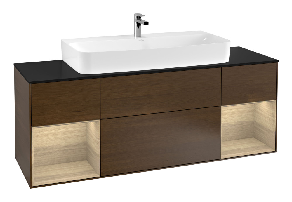 Тумба под раковину Villeroy & Boch Finion 160х50,1 см с подсветкой МДФ шпон грецкого ореха/стекло черное матовое F212PCGN