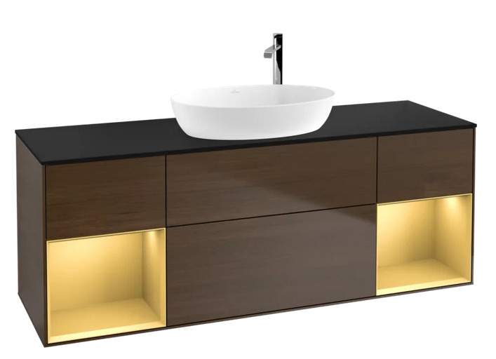 Тумба под раковину Villeroy & Boch Finion 160х50,1 см с подсветкой МДФ шпон грецкого ореха/стекло черное матовое G982HFGN