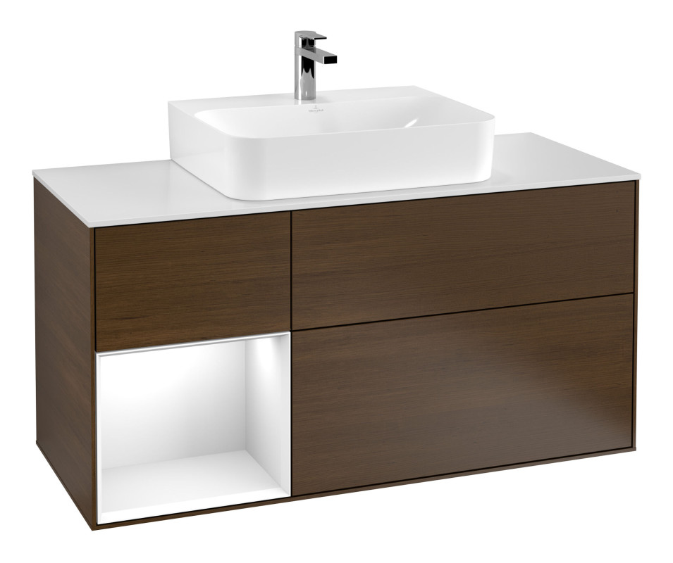 Тумба під раковину Villeroy & Boch Finion 120х50,1 см із підсвічуванням МДФ шпон волоського горіха/скло біле матове G161GFGN