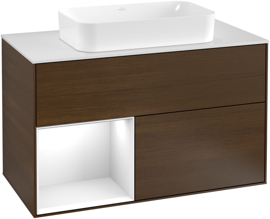Тумба под раковину Villeroy & Boch Finion 100х50,1 см с подсветкой МДФ шпон грецкого ореха/стекло белое матовое F241GFGN