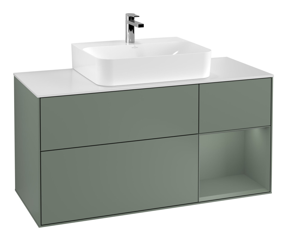 Тумба під раковину Villeroy & Boch Finion 120х50,1 см із підсвічуванням МДФ оливковий матовий лак/скло біле матове F171GMGM