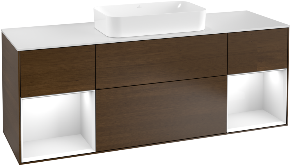 Тумба під раковину Villeroy & Boch Finion 160х50,1 см із підсвічуванням МДФ шпон волоського горіха/скло біле матове F331GFGN