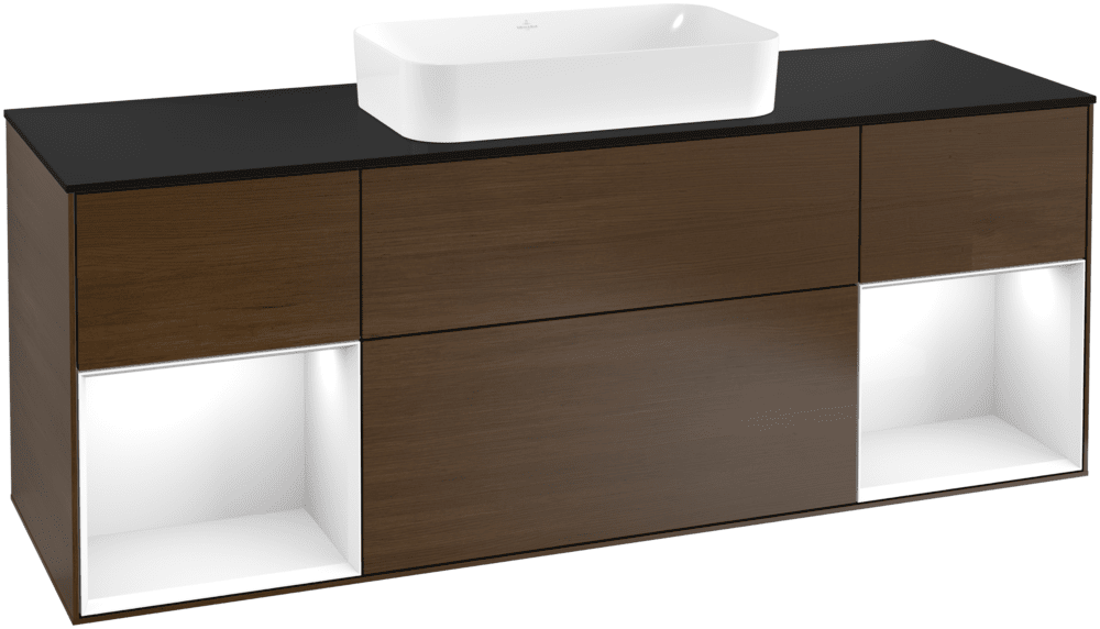 Тумба під раковину Villeroy & Boch Finion 160х50,1 см із підсвічуванням МДФ шпон волоського горіха/скло чорне матове F332GFGN