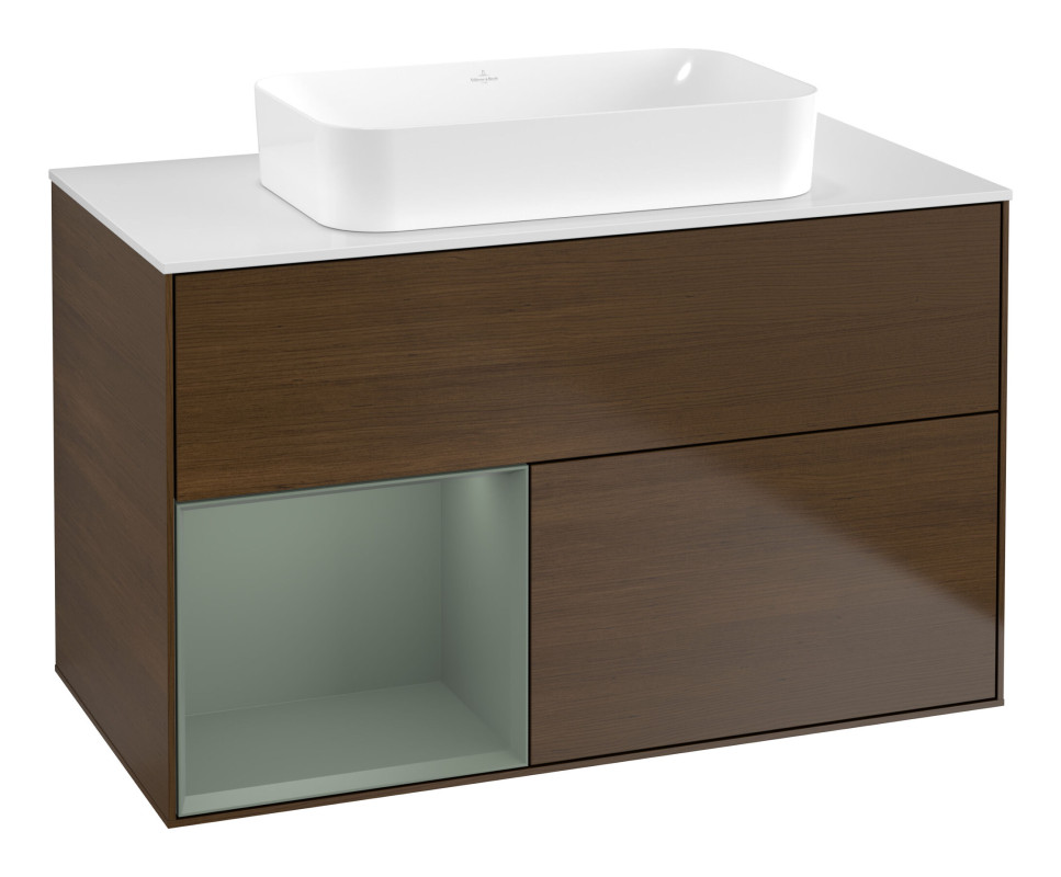 Тумба под раковину Villeroy & Boch Finion 100х50,1 см с подсветкой МДФ шпон грецкого ореха/стекло белое матовое F651GMGN