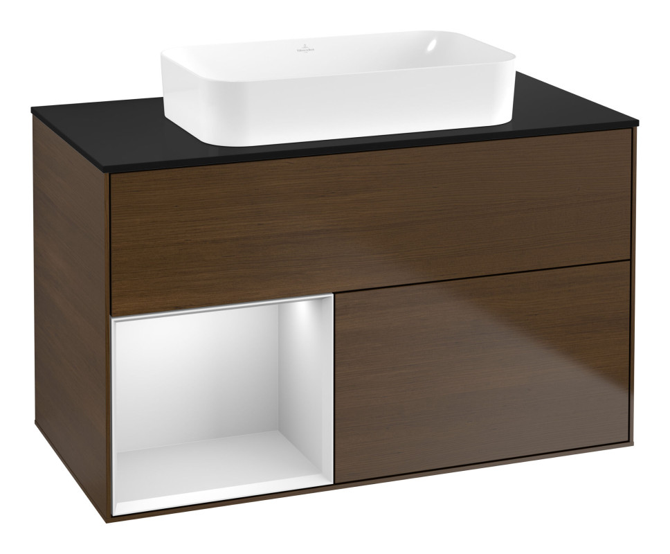 Тумба под раковину Villeroy & Boch Finion 100х50,1 см с подсветкой МДФ шпон грецкого ореха/стекло черное матовое F652MTGN