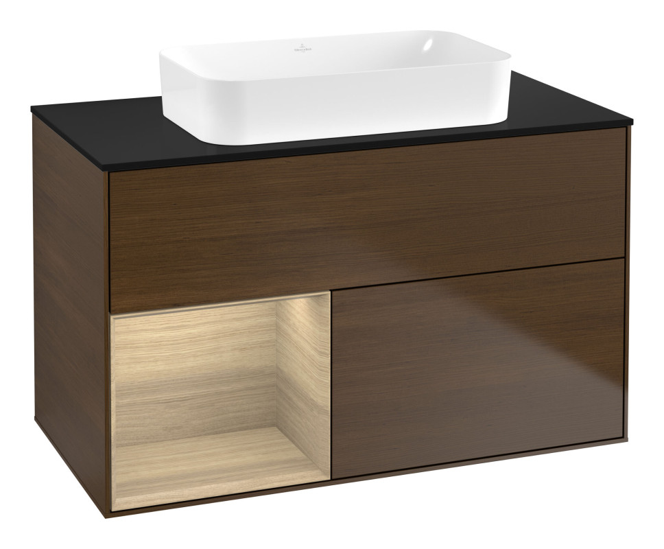 Тумба под раковину Villeroy & Boch Finion 100х50,1 см с подсветкой МДФ шпон грецкого ореха/стекло черное матовое F652PCGN