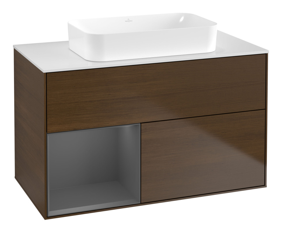 Тумба под раковину Villeroy & Boch Finion 100х50,1 см с подсветкой МДФ шпон грецкого ореха/стекло белое матовое G651GKGN