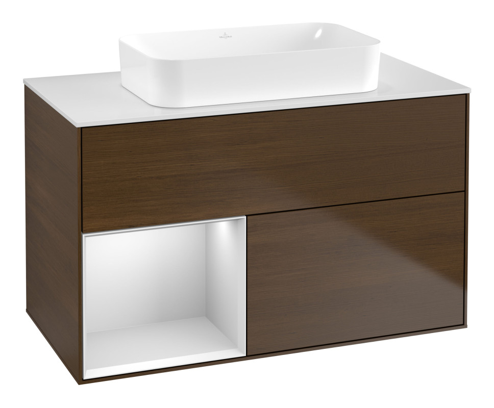 Тумба под раковину Villeroy & Boch Finion 100х50,1 см с подсветкой МДФ шпон грецкого ореха/стекло белое матовое G651MTGN