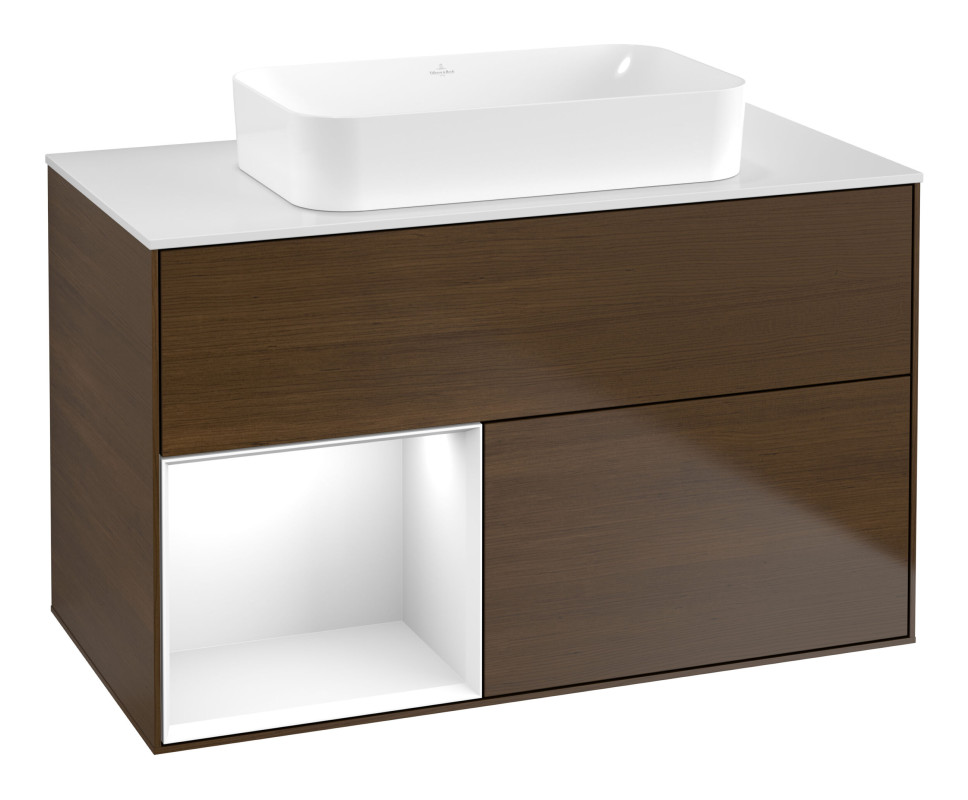 Тумба под раковину Villeroy & Boch Finion 100х50,1 см с подсветкой МДФ шпон грецкого ореха/стекло белое матовое G651GFGN