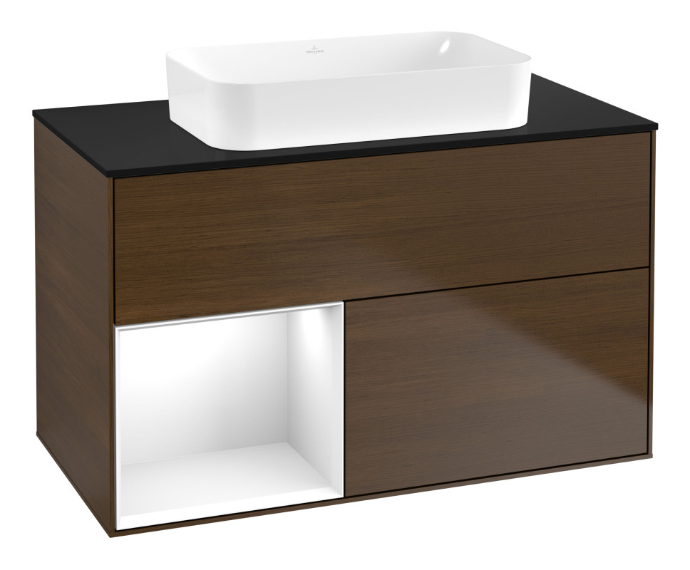 Тумба под раковину Villeroy & Boch Finion 100х50,1 см с подсветкой МДФ шпон грецкого ореха/стекло черное матовое G652GFGN