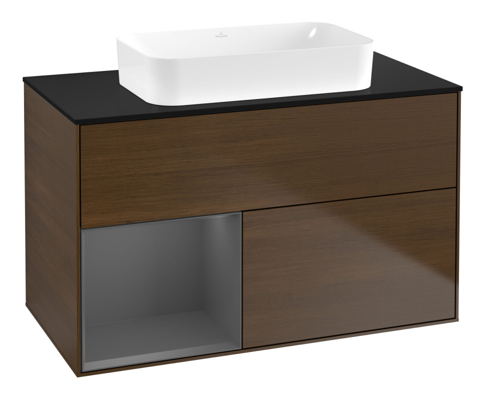 Тумба под раковину Villeroy & Boch Finion 100х50,1 см с подсветкой МДФ шпон грецкого ореха/стекло черное матовое G652GKGN