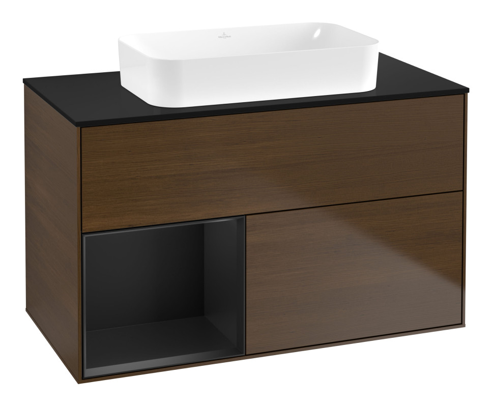 Тумба под раковину Villeroy & Boch Finion 100х50,1 см с подсветкой МДФ шпон грецкого ореха/стекло черное матовое G652PDGN