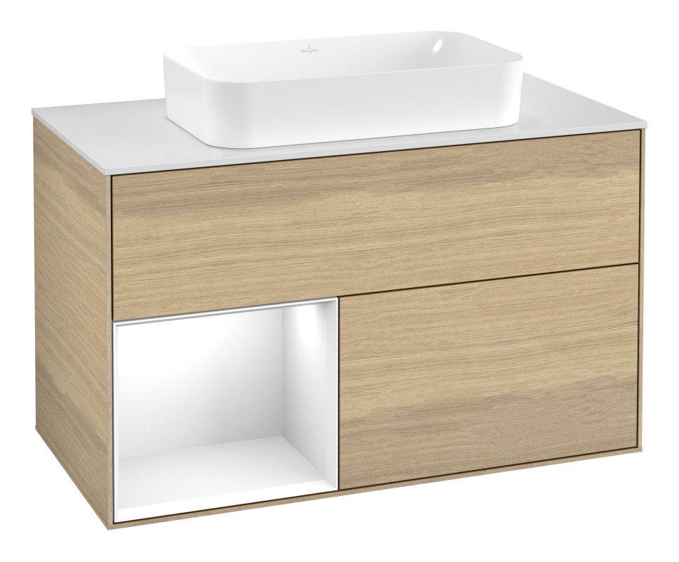 Тумба под раковину Villeroy & Boch Finion 100х50,1 см с подсветкой МДФ шпон дуба/стекло белое матовое G651GFPC