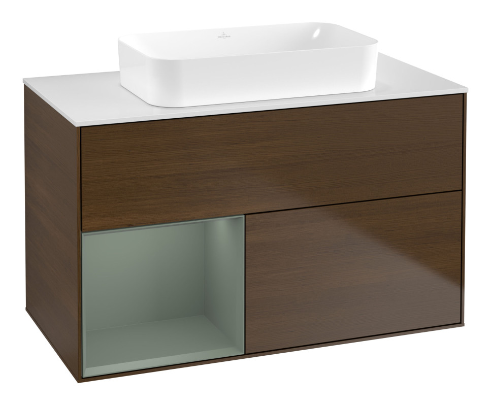 Тумба под раковину Villeroy & Boch Finion 100х50,1 см с подсветкой МДФ шпон грецкого ореха/стекло белое матовое G651GMGN