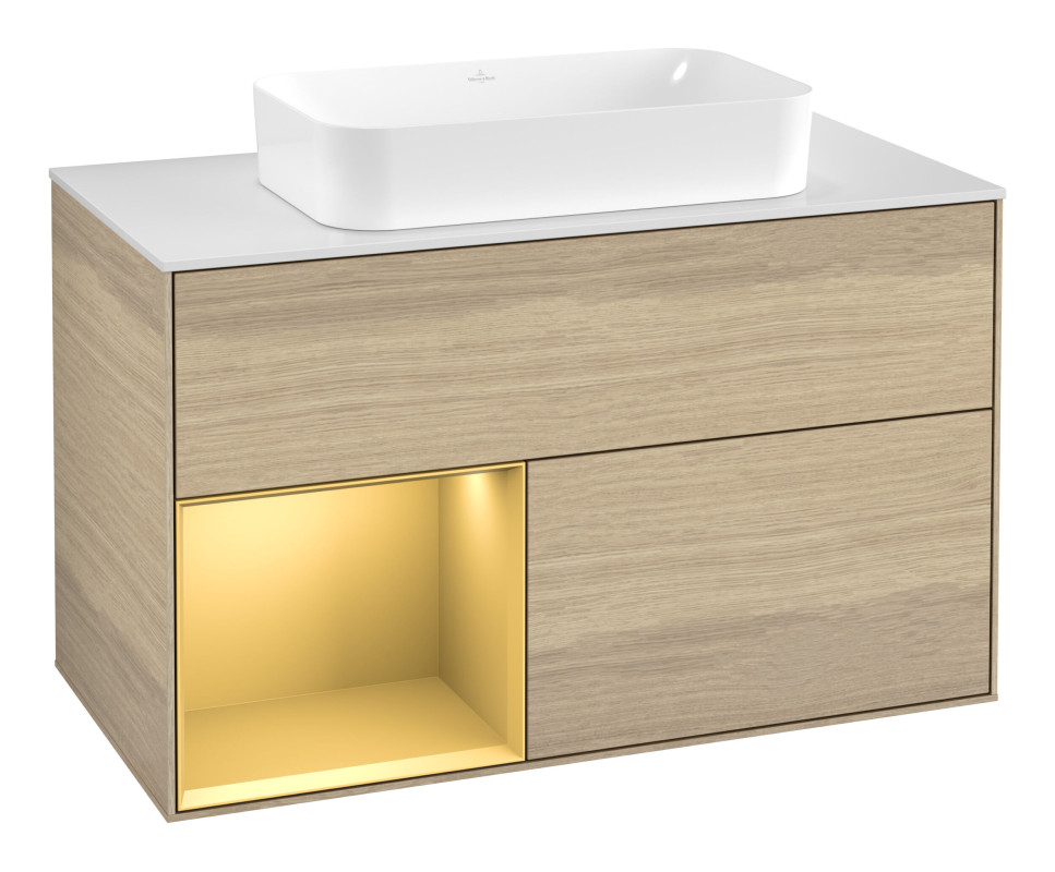 Тумба под раковину Villeroy & Boch Finion 100х50,1 см с подсветкой МДФ шпон дуба/стекло белое матовое G651HFPC