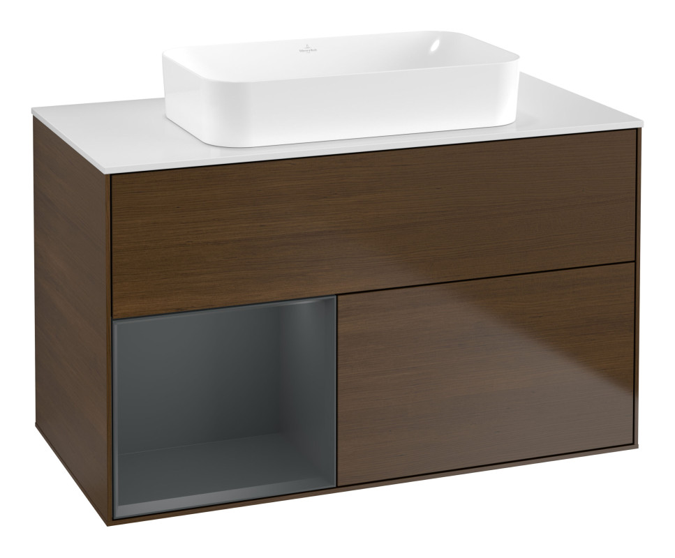 Тумба під раковину Villeroy & Boch Finion 100х50,1 см із підсвічуванням МДФ шпон волоського горіха/скло біле матове G651HGGN
