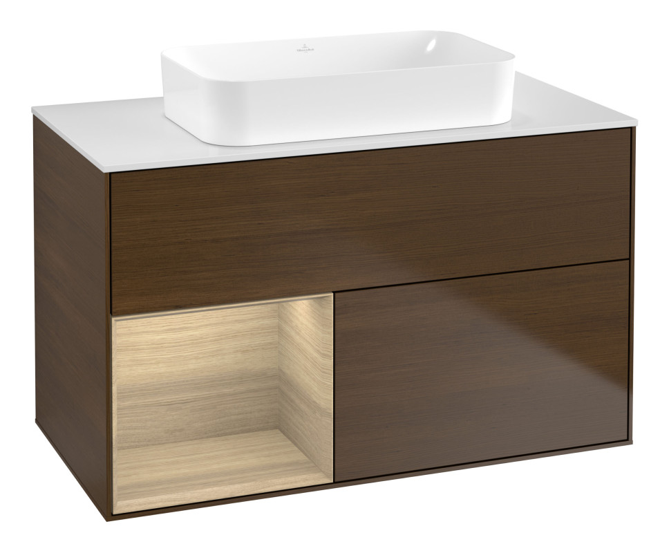Тумба під раковину Villeroy & Boch Finion 100х50,1 см із підсвічуванням МДФ шпон волоського горіха/скло біле матове G651PCGN