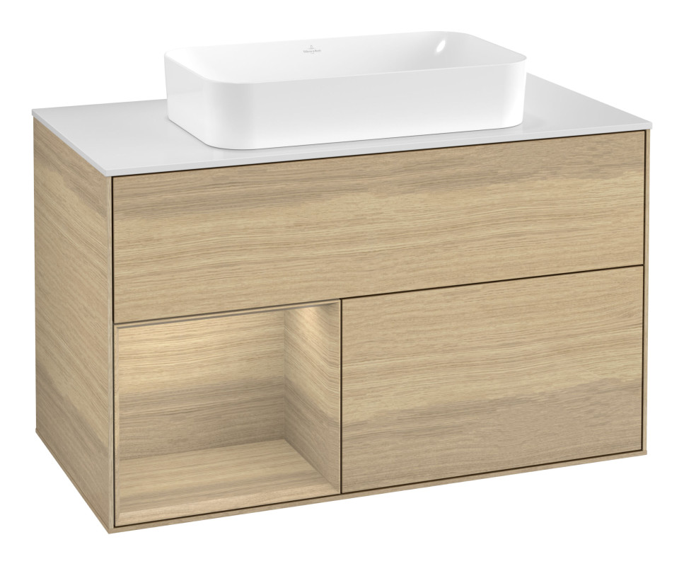 Тумба під раковину Villeroy & Boch Finion 100х50,1 см із підсвічуванням МДФ шпон дуба/скло біле матове G651PCPC