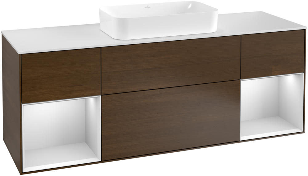 Тумба под раковину Villeroy & Boch Finion 160х50,1 см с подсветкой МДФ шпон грецкого ореха/стекло белое матовое G331MTGN