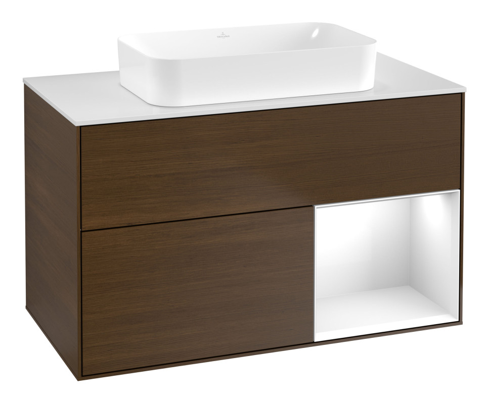 Тумба под раковину Villeroy & Boch Finion 100х50,1 см с подсветкой МДФ шпон грецкого ореха/стекло белое матовое F661GFGN