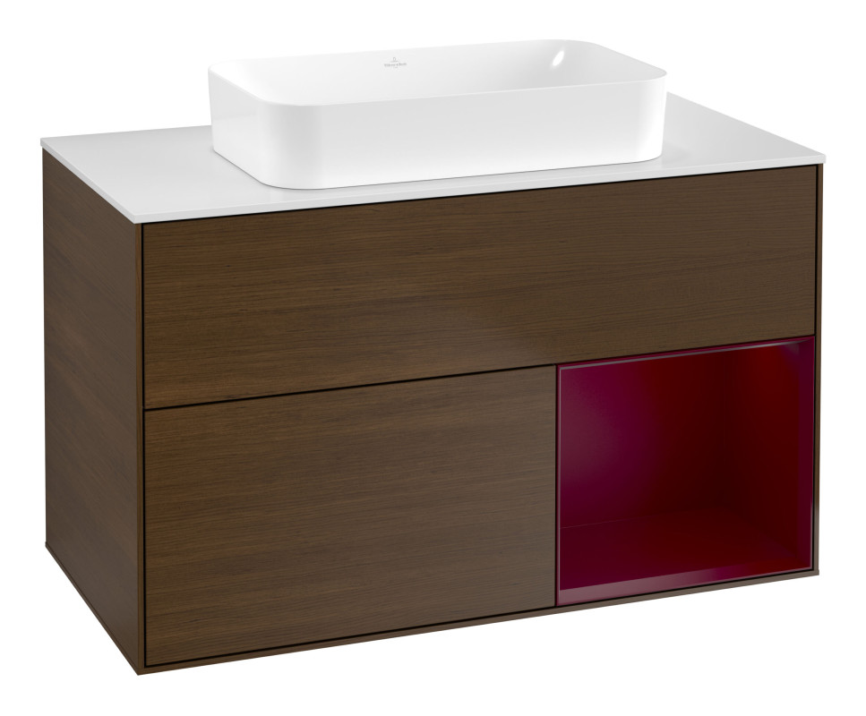 Тумба под раковину Villeroy & Boch Finion 100х50,1 см с подсветкой МДФ шпон грецкого ореха/стекло белое матовое F661HBGN