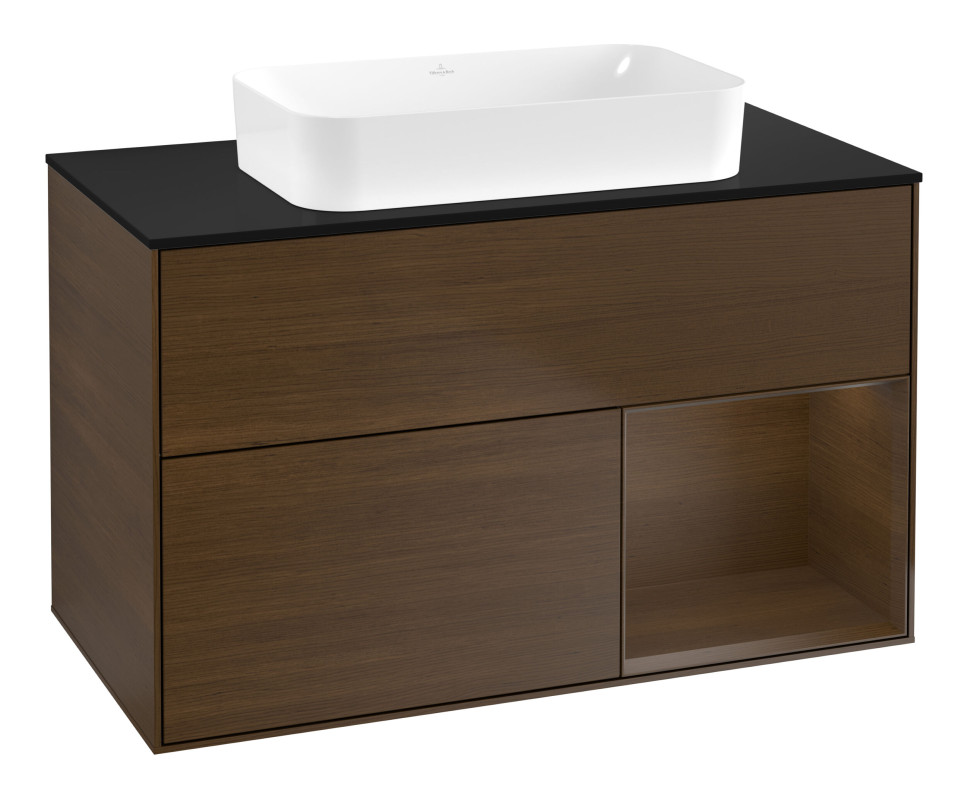 Тумба под раковину Villeroy & Boch Finion 100х50,1 см с подсветкой МДФ шпон грецкого ореха/стекло черное матовое F662GNGN