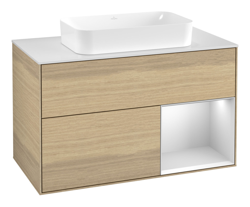 Тумба під раковину Villeroy & Boch Finion 100х50,1 см із підсвічуванням МДФ шпон дуба/скло біле матове F661MTPC