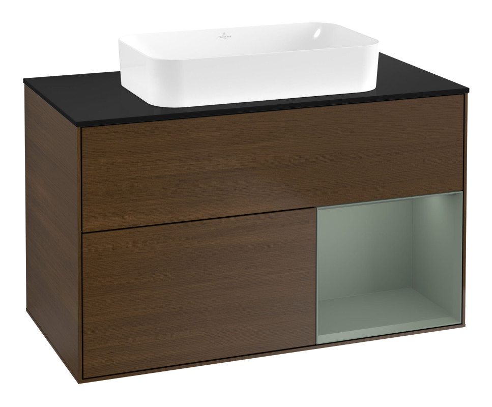 Тумба под раковину Villeroy & Boch Finion 100х50,1 см с подсветкой МДФ шпон грецкого ореха/стекло черное матовое F662GMGN