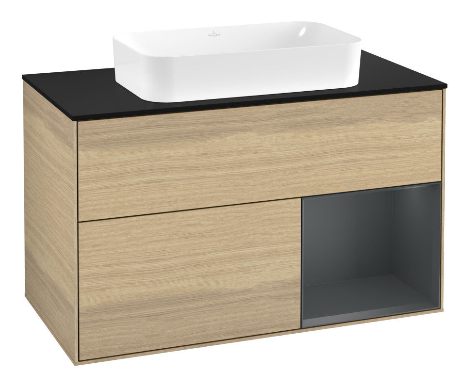 Тумба під раковину Villeroy & Boch Finion 100х50,1 см із підсвічуванням МДФ шпон дуба/скло чорне матове F662HGPC