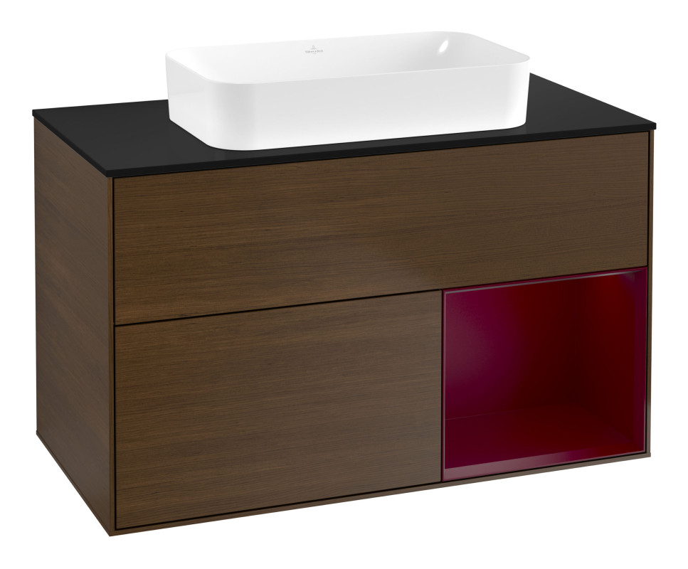 Тумба під раковину Villeroy & Boch Finion 100х50,1 см із підсвічуванням МДФ шпон волоського горіха/скло чорне матове G662HBGN